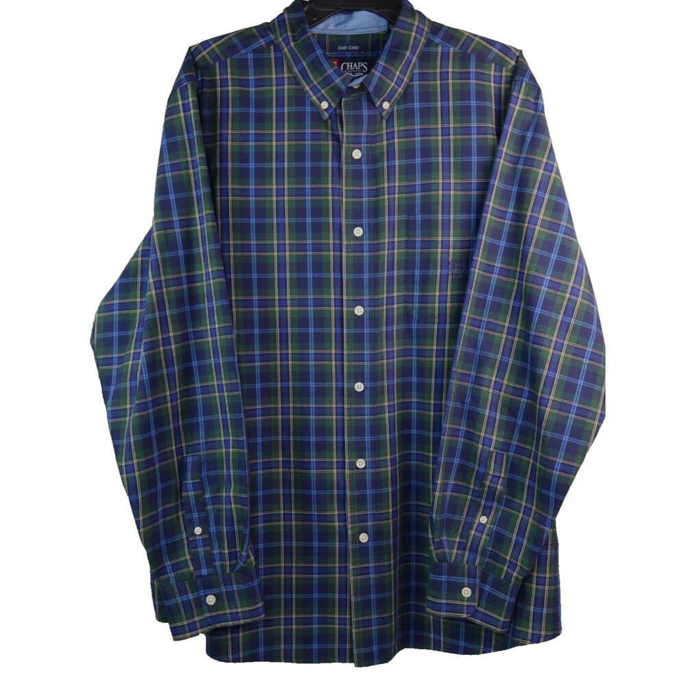 CHAPS Button Down Easy Care Shirt Men's Size XL Blue & Green Plaid Long Sleeve
